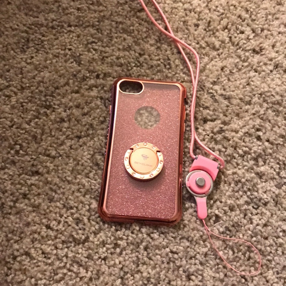 Pink glitter iPhone 7 phone case with lanyard